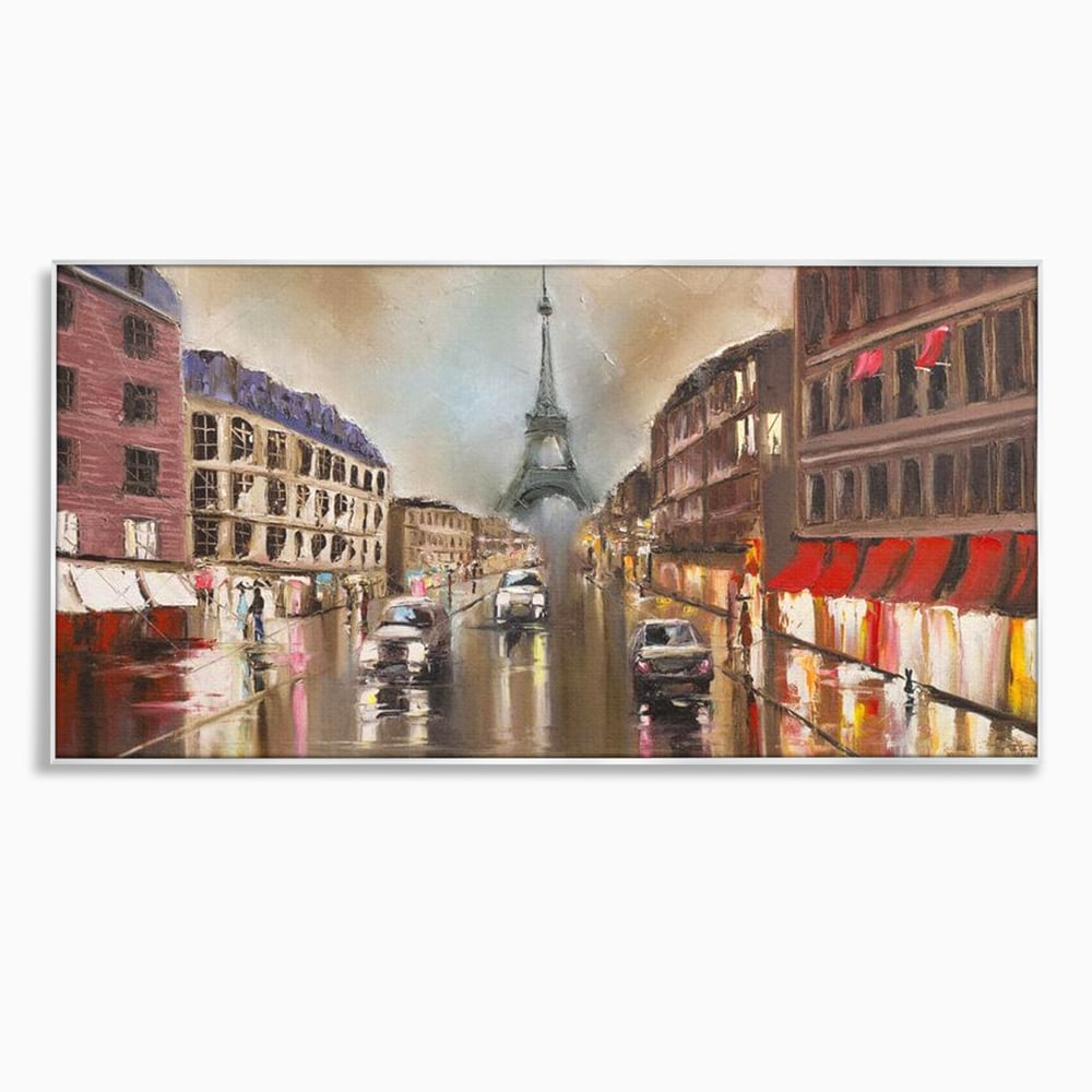 Tablou canvas cu pictura stradala cu turnul eiffel in ploaie, in rama de aluminiu argintiu